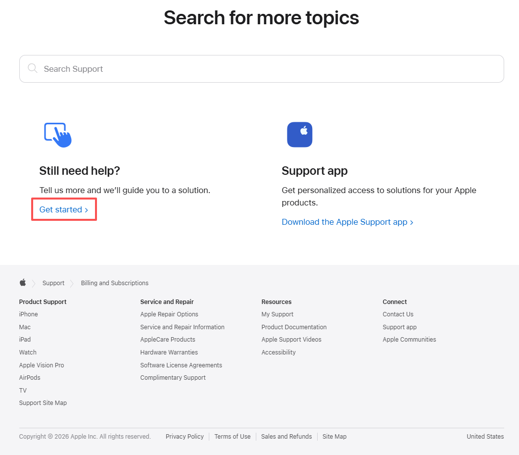 Apple 支持 Get started 按钮